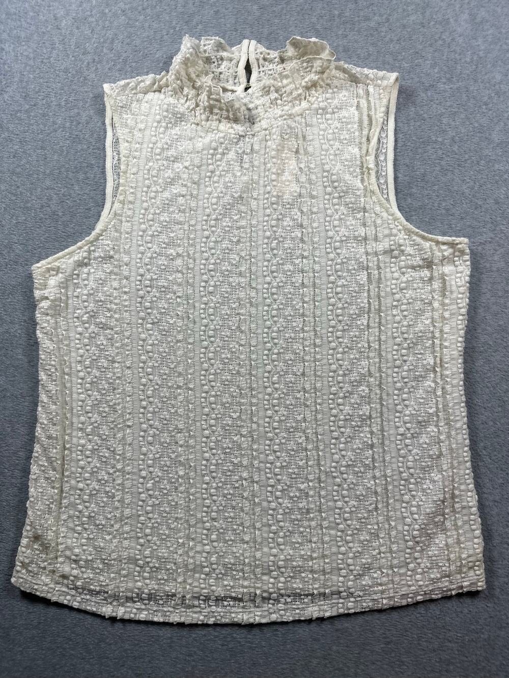 Anthropologie Mallorie Blouse Top Womens Large Beige Mock Neck Ruffle Sleeveless